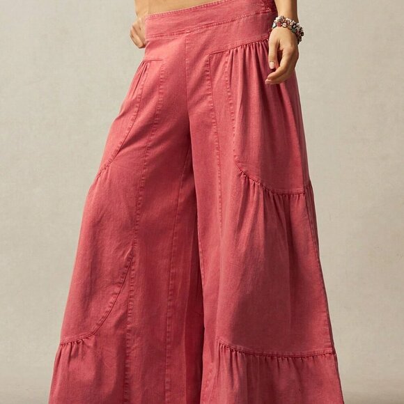 Red Boho Women's Wide Leg Low Waist Loose Pants - Picture 4 of 7